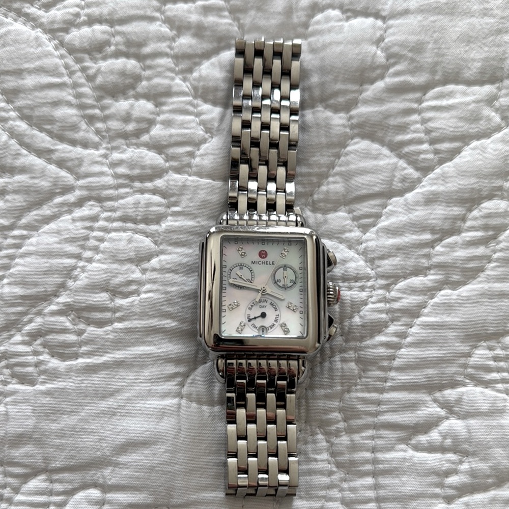 Michele Silver Watch with Multi-Dial Square Face